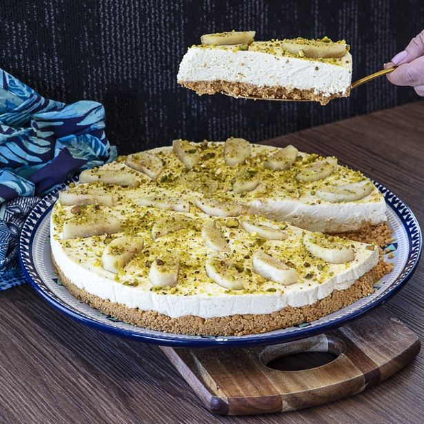 Green tea, poached apple and pistachio cheesecake